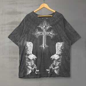 Vintage Carbon Black Faded Grey Black‎ y2k Wings Crosses Skulls Shirt XXL